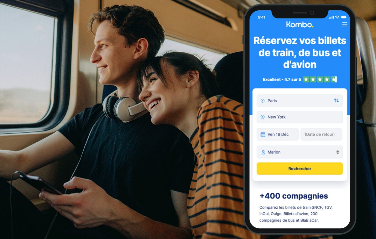 Comparaison de billets train, bus et avion sur l'application Kombo