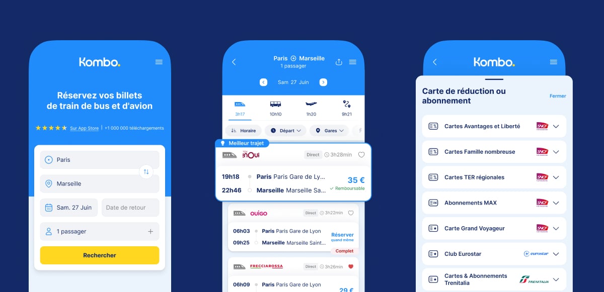Comparaison des opérateurs SNCF et Trenitalia côte à côte sur l'application Kombo