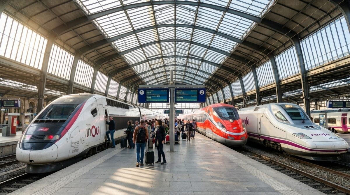 Trains à grande vitesse de différentes compagnies européennes en gare