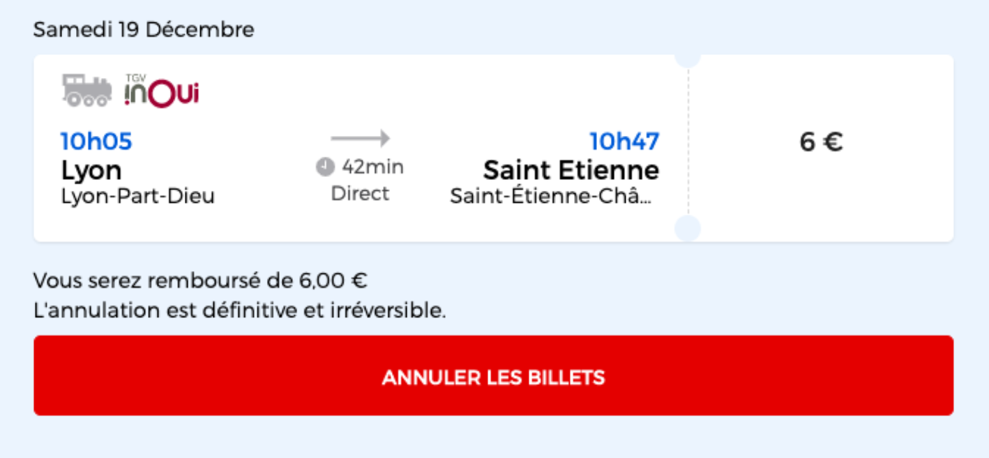 Page d'annulation du billet SNCF